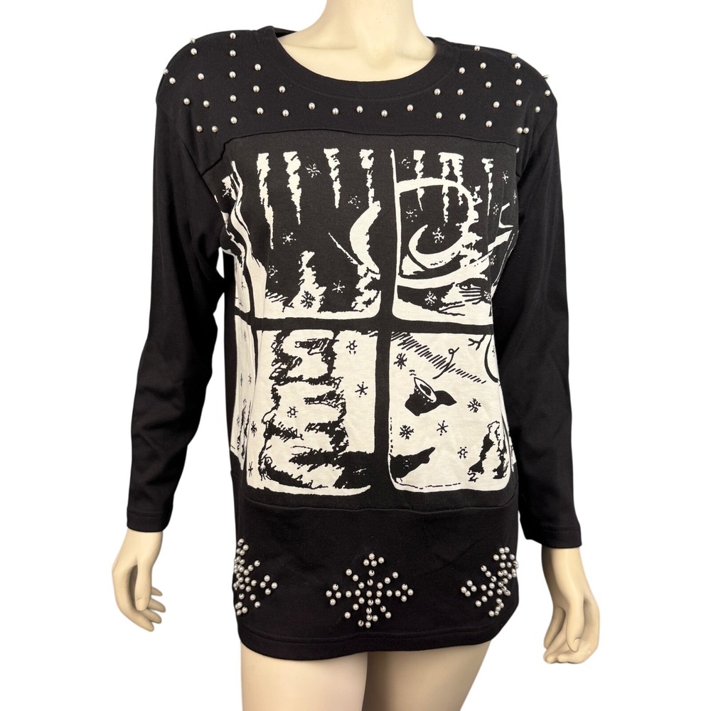 Vintage 80s At Ease Winter Graphic Shirt Medium Black‎ White Snowman Pearl Studs